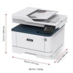 Xerox® B305 multifunctionele printer, driekwart mening met afmetingen.