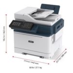 Xerox C315 Multifunctionele kleurenprinter driekwart-aanzicht met afmetingen.